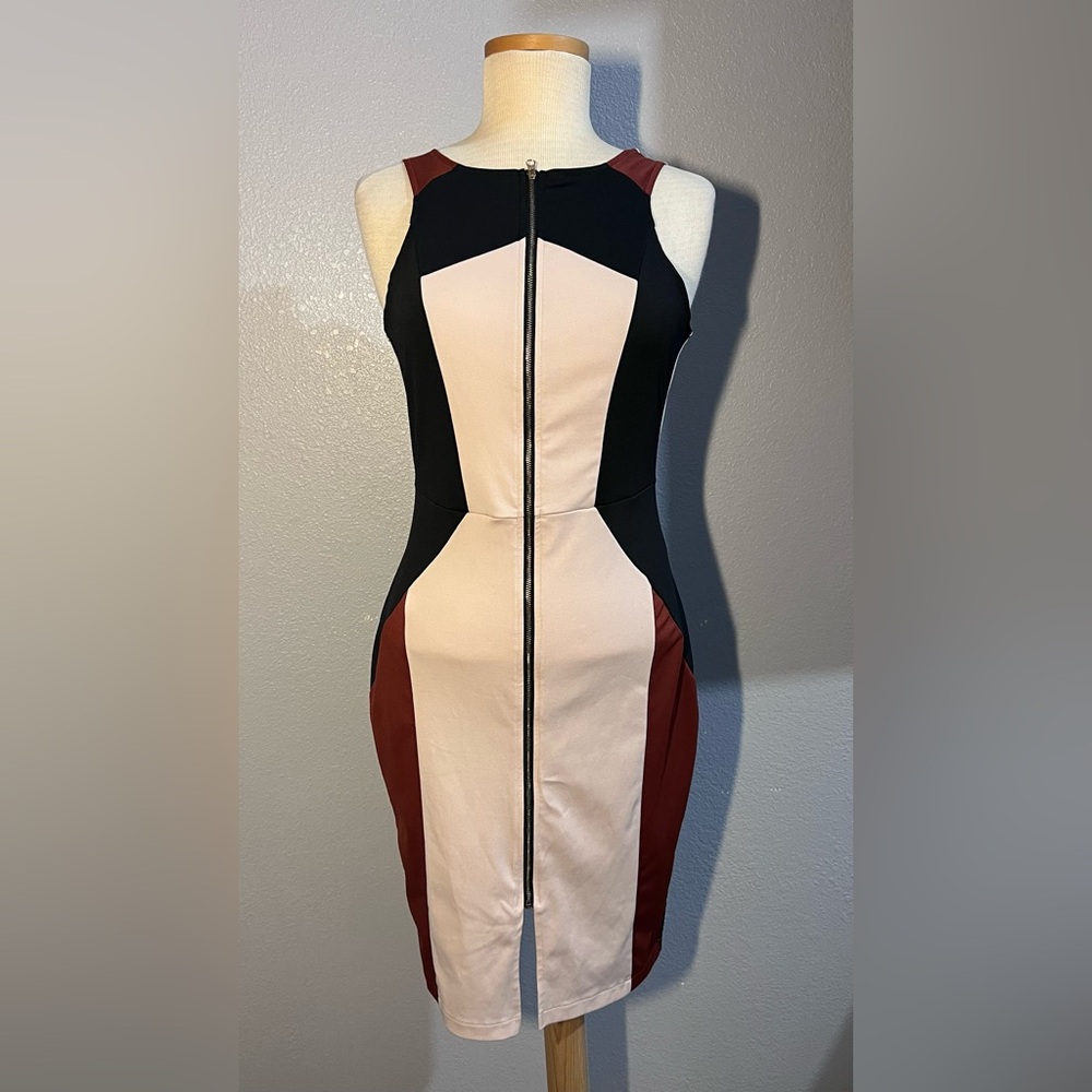 Chic me Colorblock Mini Dress in Black, Cream, and Brown size M